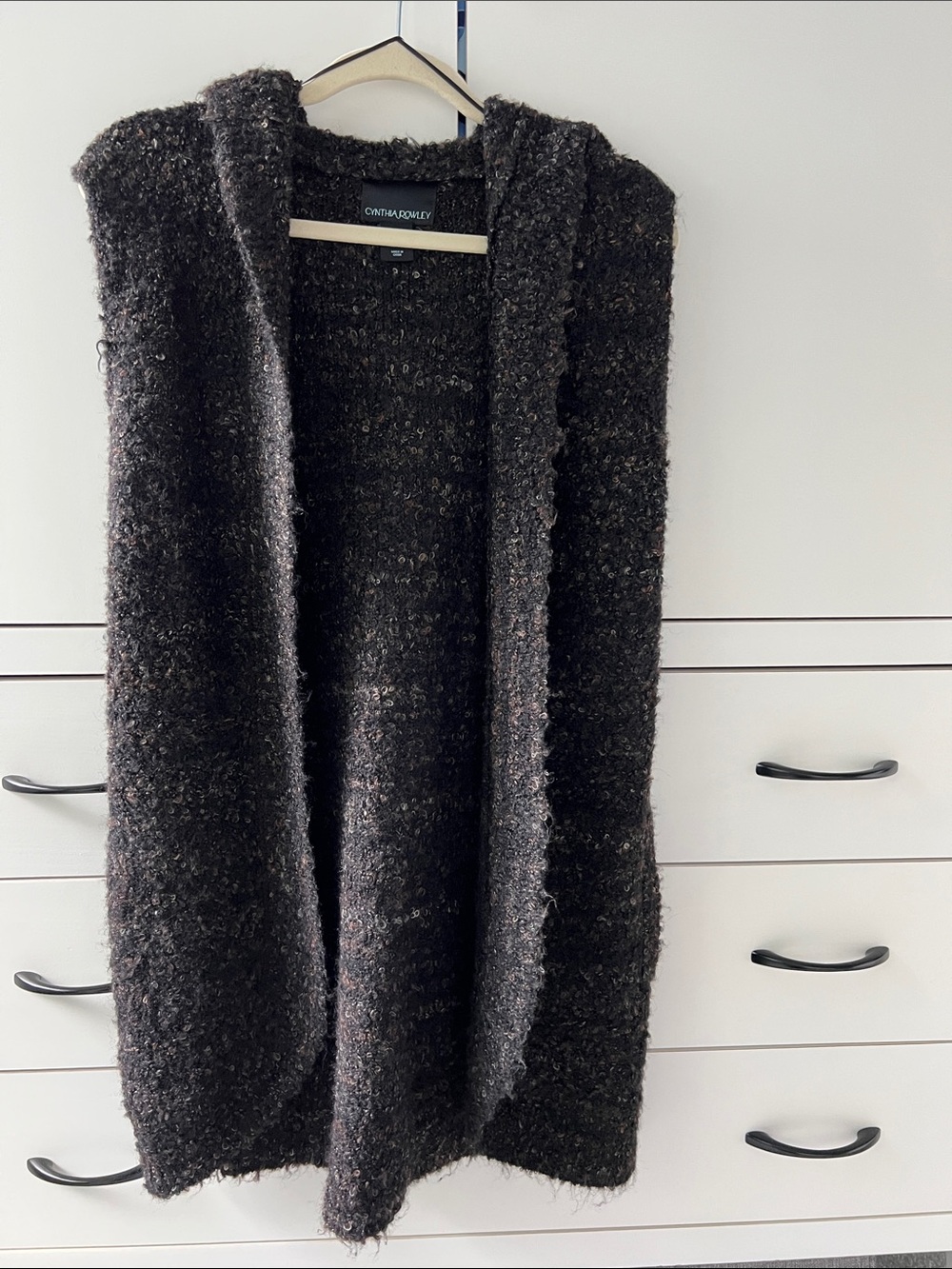 Cynthia Rowley Black Bouclé Hooded Open-Front Cardigan Vest with side pockets
